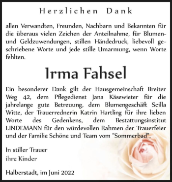 Traueranzeige von Irma Fahsel  von Magdeburger Volksstimme