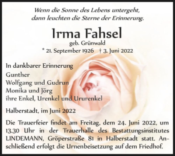 Traueranzeige von Irma Fahsel (geb. Grünwald)  von Magdeburger Volksstimme