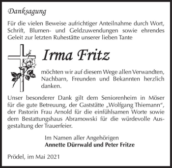 Traueranzeige von Irma Fritz  von Magdeburger Volksstimme