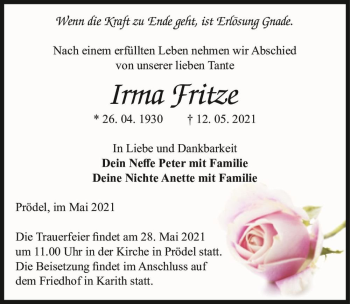 Traueranzeige von Irma Fritze  von Magdeburger Volksstimme