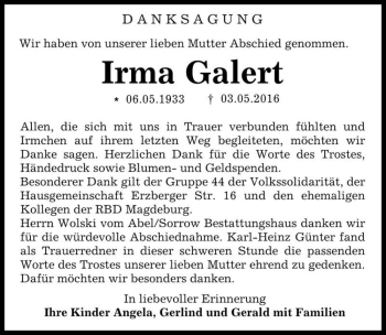 Traueranzeige von Irma Galert  von Magdeburger Volksstimme