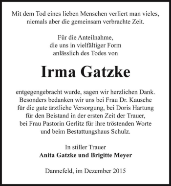Traueranzeige von Irma Gatzke  von Magdeburger Volksstimme