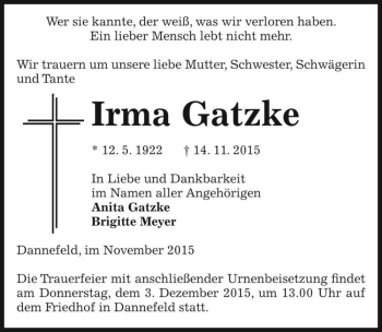 Traueranzeige von Irma Gatzke  von Magdeburger Volksstimme