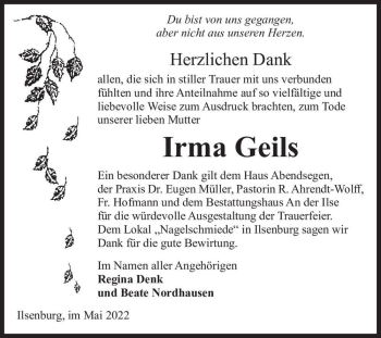 Traueranzeige von Irma Geils  von Magdeburger Volksstimme