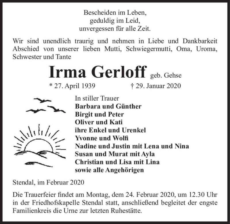  Traueranzeige für Irma Gerloff (geb. Gehse)  vom 15.02.2020 aus Magdeburger Volksstimme