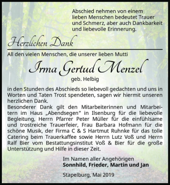 Traueranzeige von Irma Gertrud Menzel (geb. Helbig)  von Magdeburger Volksstimme