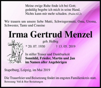 Traueranzeige von Irma Gertrud Menzel (geb. Helbig)  von Magdeburger Volksstimme