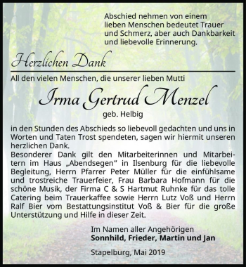 Traueranzeige von Irma Gertrud Menzel (geb. Helbig)  von Magdeburger Volksstimme