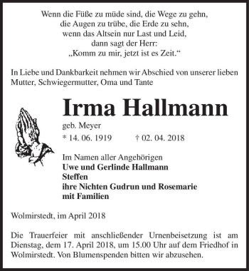 Traueranzeige von Irma Hallmann (geb. Meyer)  von Magdeburger Volksstimme