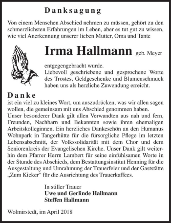 Traueranzeige von Irma Hallmann (geb. Meyer)  von Magdeburger Volksstimme