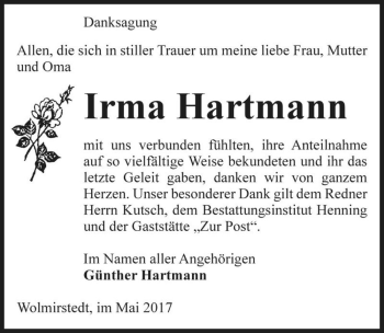 Traueranzeige von Irma Hartmann  von Magdeburger Volksstimme