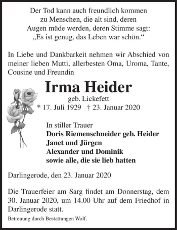 Traueranzeige von Irma Heider (geb. Lickefett)  von Magdeburger Volksstimme