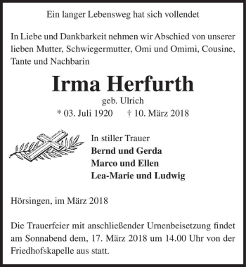 Traueranzeige von Irma Herfurth (geb. Ulrich)  von Magdeburger Volksstimme