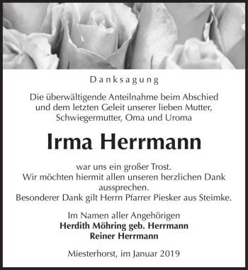 Traueranzeige von Irma Herrmann  von Magdeburger Volksstimme