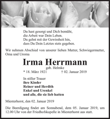 Traueranzeige von Irma Herrmann (geb. Helmke)  von Magdeburger Volksstimme