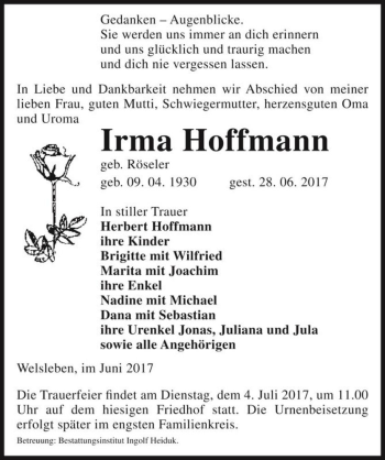 Traueranzeige von Irma Hoffmann (geb. Röseler)  von Magdeburger Volksstimme