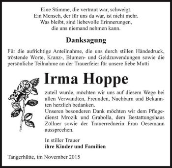 Traueranzeige von Irma Hoppe  von Magdeburger Volksstimme