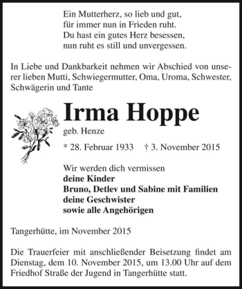 Traueranzeige von Irma Hoppe (geb. Henze)  von Magdeburger Volksstimme