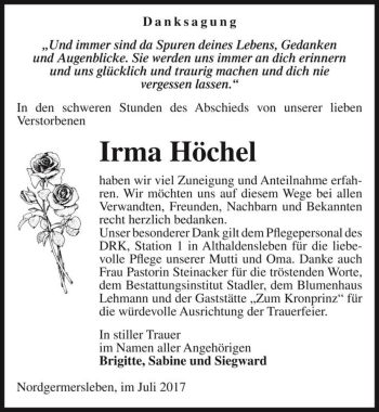 Traueranzeige von Irma Höchel  von Magdeburger Volksstimme