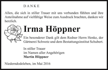 Traueranzeige von Irma Höppner  von Magdeburger Volksstimme