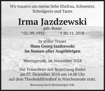 Traueranzeige von Irma Jazdzewski (geb. Bosse)  von Magdeburger Volksstimme