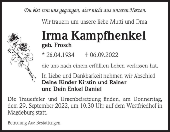 Traueranzeige von Irma Kampfhenkel (geb. Frosch)  von Magdeburger Volksstimme