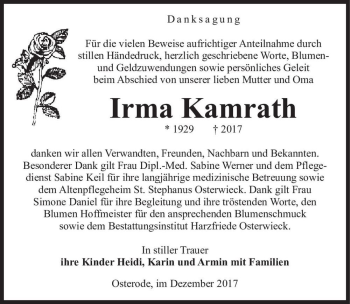 Traueranzeige von Irma Kamrath  von Magdeburger Volksstimme