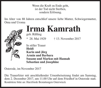 Traueranzeige von Irma Kamrath (geb. Rißlin)  von Magdeburger Volksstimme