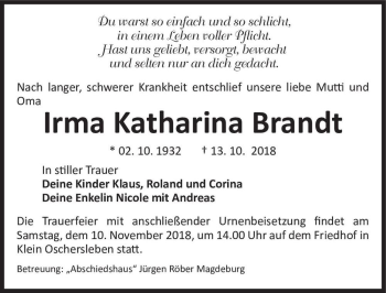 Traueranzeige von Irma Katharina Brandt  von Magdeburger Volksstimme