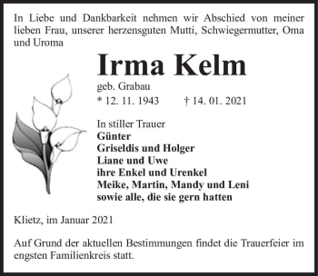 Traueranzeige von Irma Kelm (geb. Grabau)  von Magdeburger Volksstimme