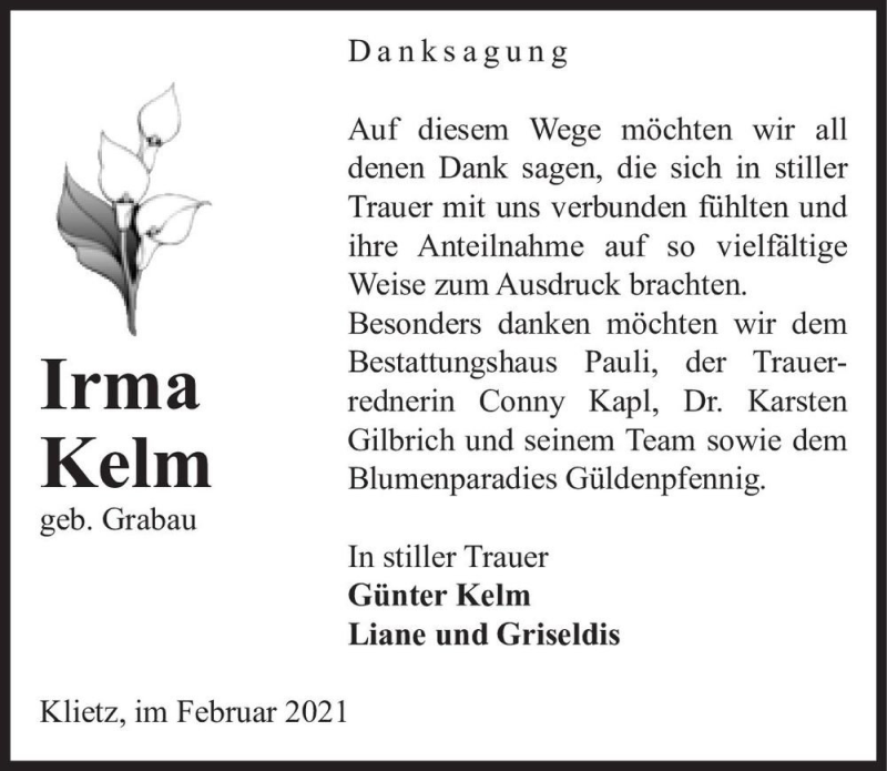  Traueranzeige für Irma Kelm (geb. Grabau)  vom 03.03.2021 aus Magdeburger Volksstimme