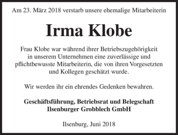 Traueranzeige von Irma Klobe  von Magdeburger Volksstimme