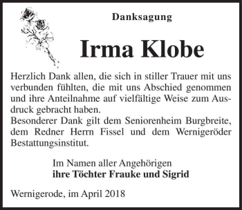 Traueranzeige von Irma Klobe  von Magdeburger Volksstimme