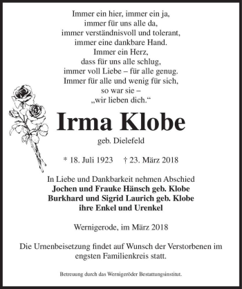 Traueranzeige von Irma Klobe (geb. Dielefeld)  von Magdeburger Volksstimme
