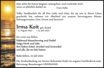 Traueranzeige von Irma Koit (geb. Rudolf)  von Magdeburger Volksstimme