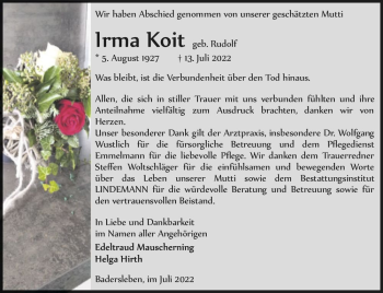 Traueranzeige von Irma Koit (geb. Rudolf)  von Magdeburger Volksstimme