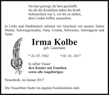 Traueranzeige von Irma Kolbe (geb. Lausmann)  von Magdeburger Volksstimme