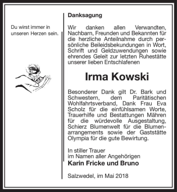 Traueranzeige von Irma Kowski  von Magdeburger Volksstimme