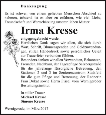 Traueranzeige von Irma Kresse  von Magdeburger Volksstimme