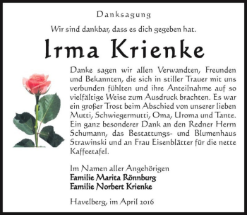 Traueranzeige von Irma Krienke  von Magdeburger Volksstimme