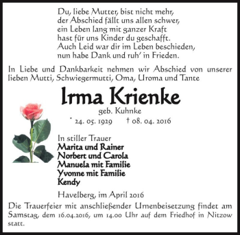 Traueranzeige von Irma Krienke (geb. Kuhnke)  von Magdeburger Volksstimme