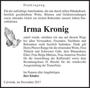 Traueranzeige von Irma Kronig  von Magdeburger Volksstimme