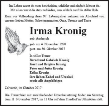 Traueranzeige von Irma Kronig (geb. Andersch)  von Magdeburger Volksstimme