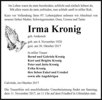 Traueranzeige von Irma Kronig (geb. Andersch)  von Magdeburger Volksstimme