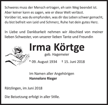 Traueranzeige von Irma Körtge (geb. Hagemeier)  von Magdeburger Volksstimme