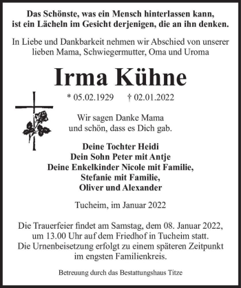 Traueranzeige von Irma Kühne  von Magdeburger Volksstimme