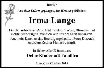 Traueranzeige von Irma Lange  von Magdeburger Volksstimme