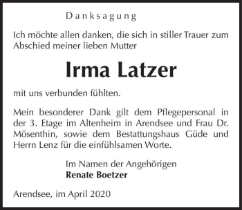 Traueranzeige von Irma Latzer  von Magdeburger Volksstimme