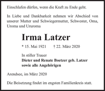 Traueranzeige von Irma Latzer  von Magdeburger Volksstimme