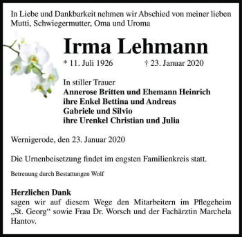 Traueranzeige von Irma Lehmann  von Magdeburger Volksstimme